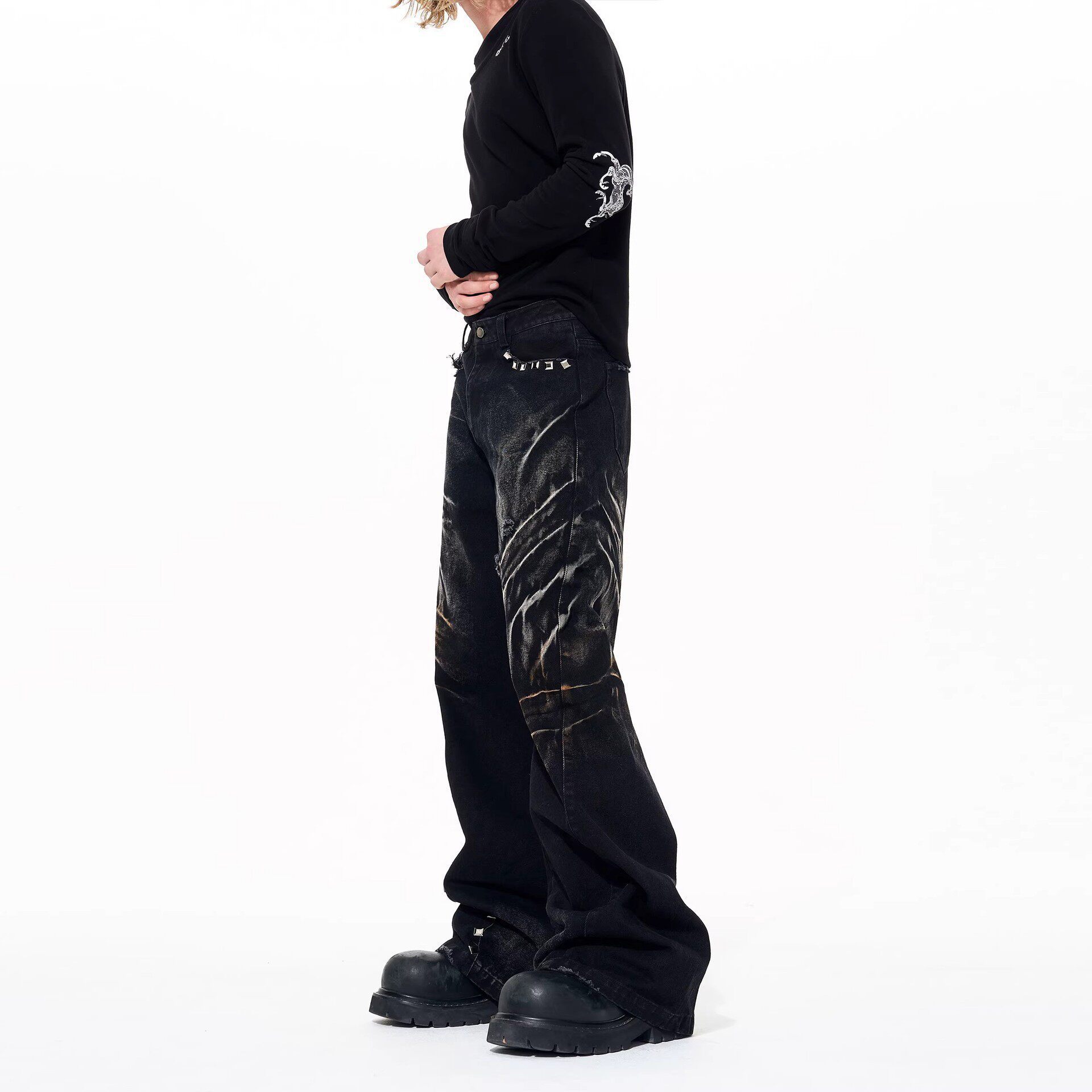 High-end Design Washed And Distressed Vintage-style Loose Wide-leg Pants photo 4