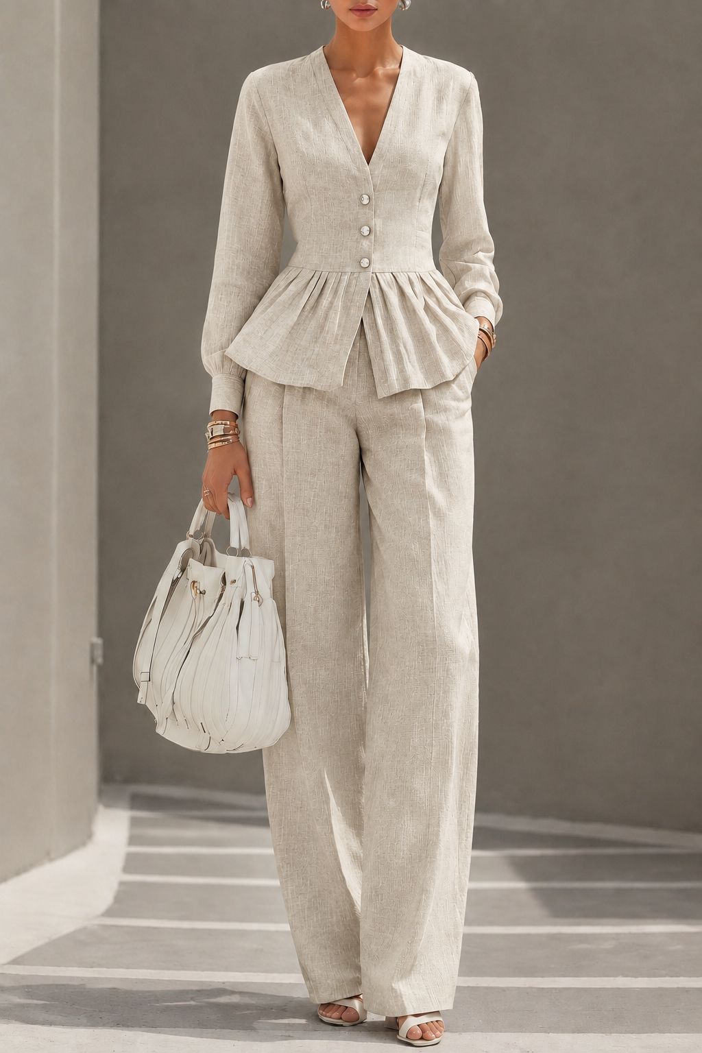Long-sleeve V-neck Top And Wide-leg Pants Two-piece Set photo 6