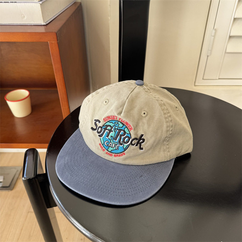 Retro Distressed Embroidery Color-block Flat-brim Baseball Cap photo 2