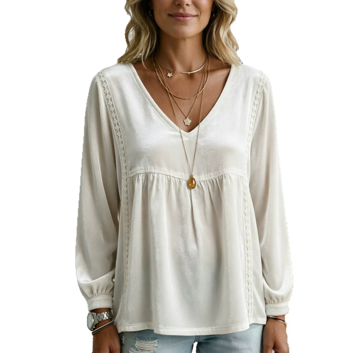 V-neck Lace Velvet Casual Loose-fitting Long-sleeve Top photo 2