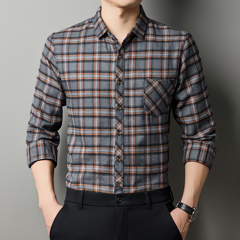 Breathable Fashionable Plaid Long-sleeve Printed Shirt For Middle-aged Men photo 4