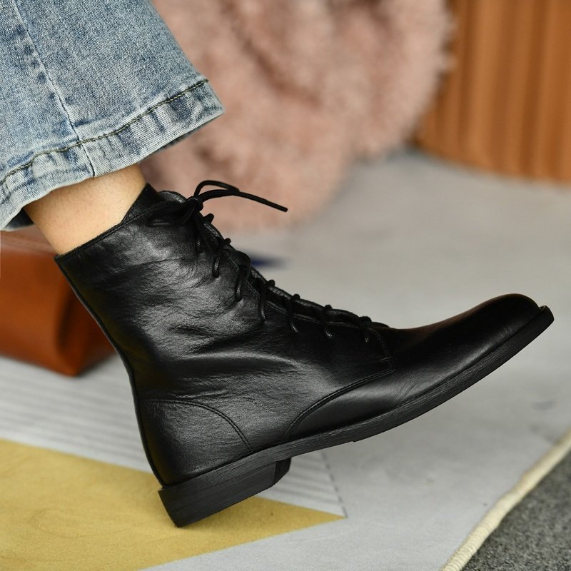 Womens Round-toe Thick-soled Ankle Boots In Washed Pebble-grain Leather photo 2