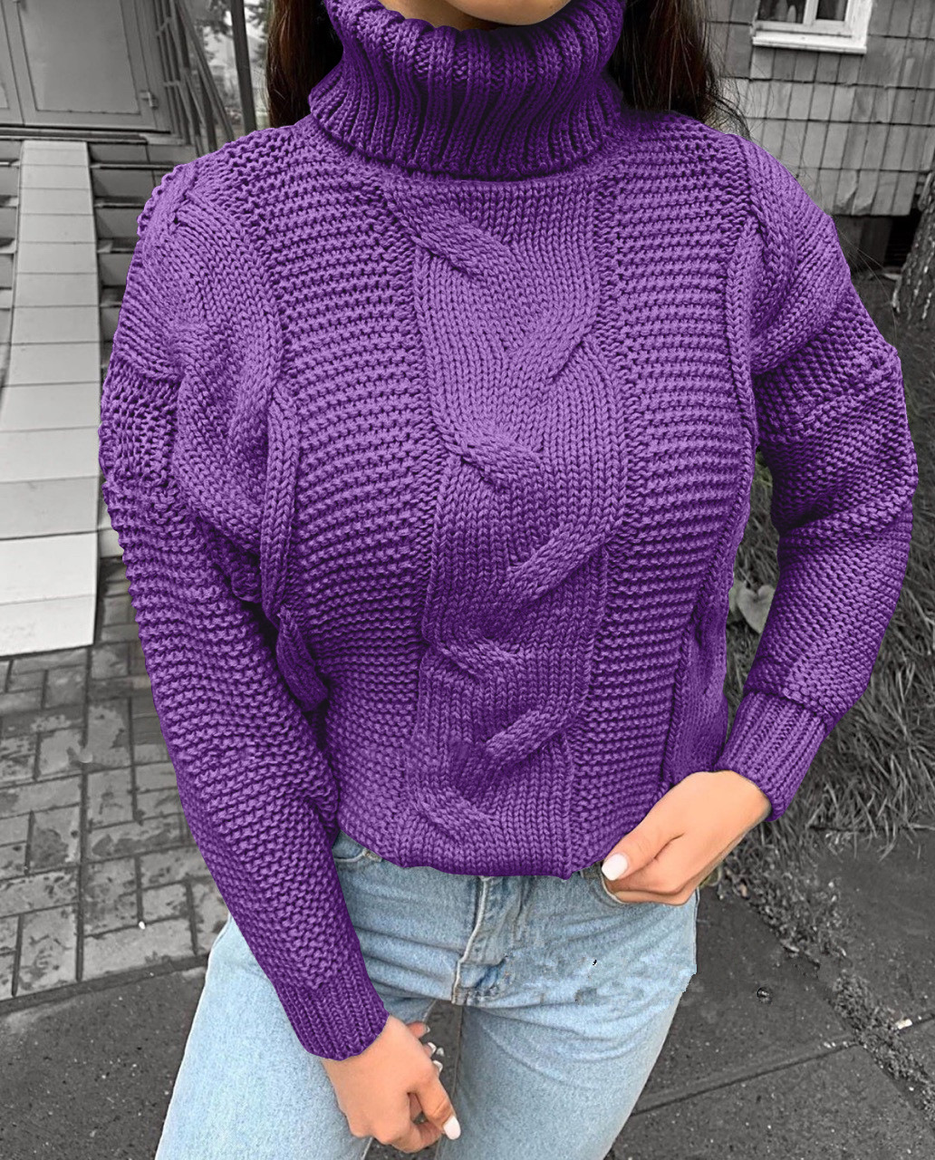 Women's Turtleneck Solid-Color Cable-Knit Pullover Casual Loose Sweater photo 5