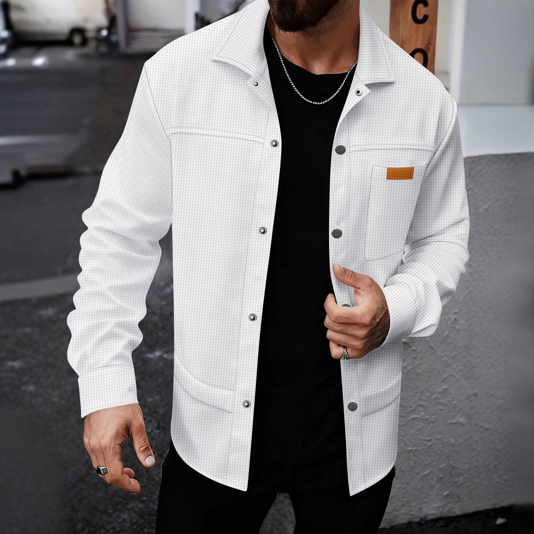 Solid-color Lapel-pocket Button-front Workwear Casual Long-sleeved Shirt photo 4