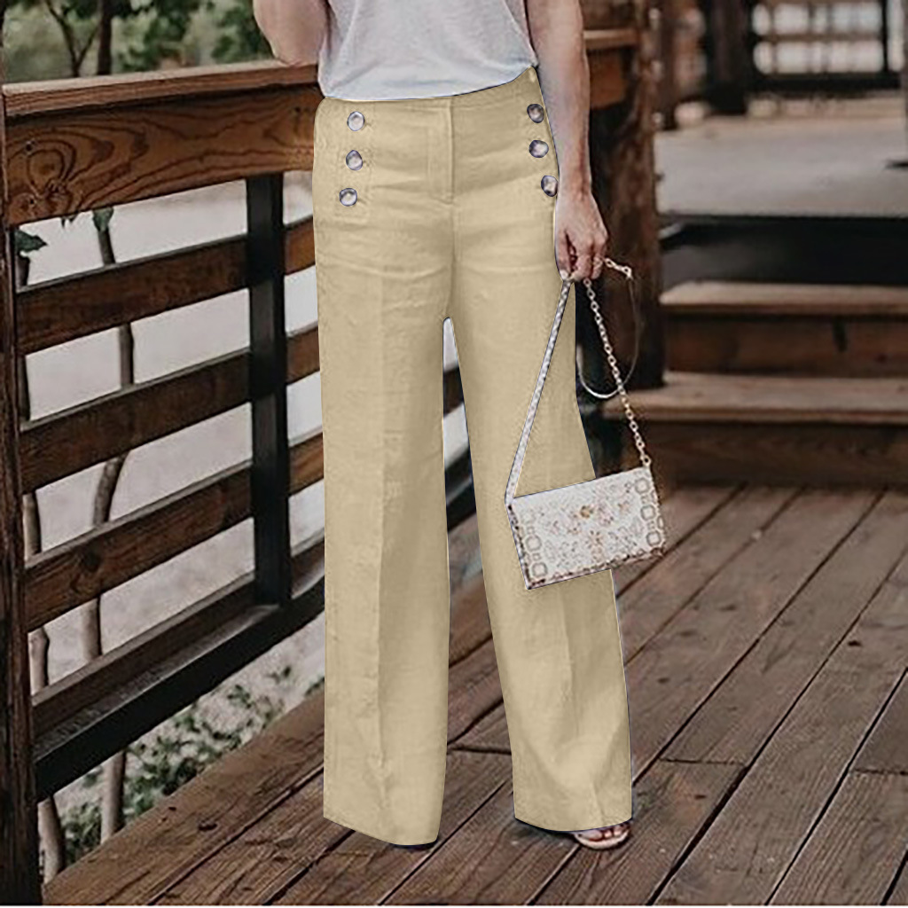 Women's High-Waisted Casual Cotton-Linen Wide-Leg Pants With Buttons photo 5