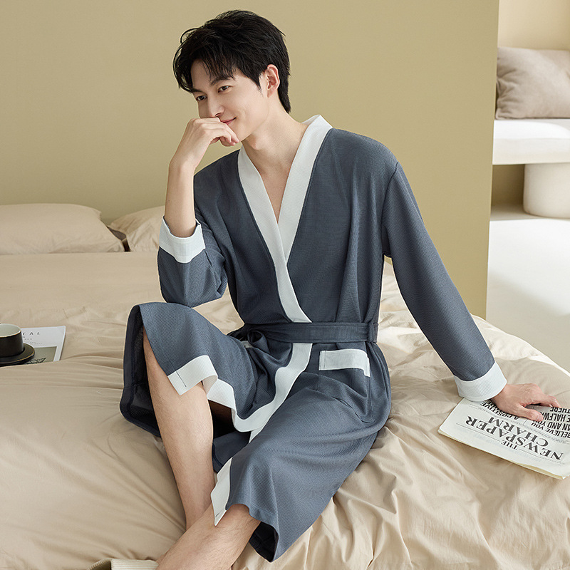 Mens Waffle-Weave Simple Casual Nightgown photo 5