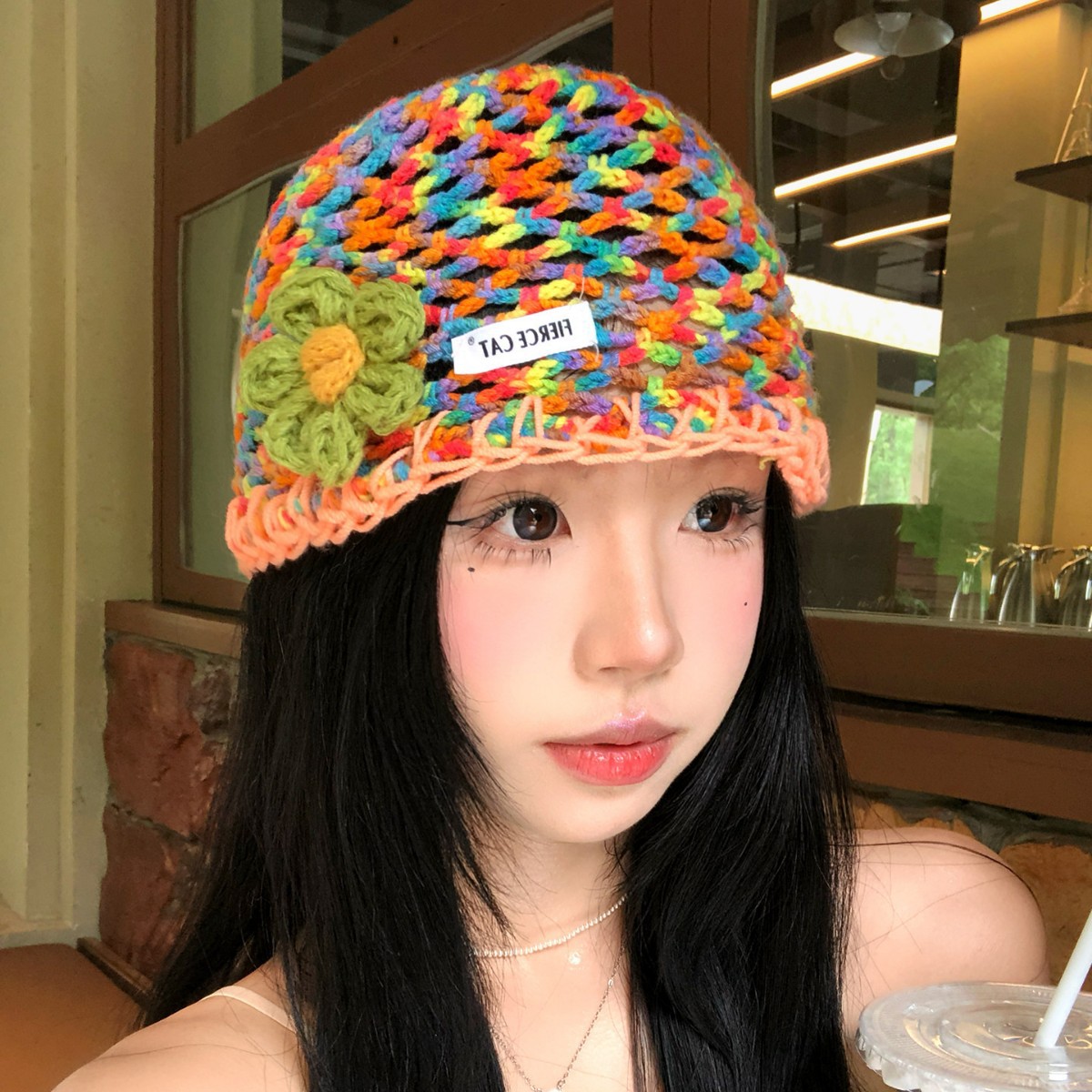 Women's Summer Thin Colorful Hollow-Out Floral Knitted Hat photo 1