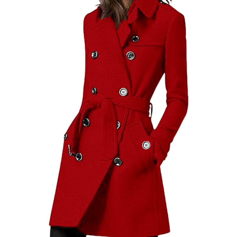 Womens Long Woolen Belted Double-breasted Coat With A Fitted Waist photo 3