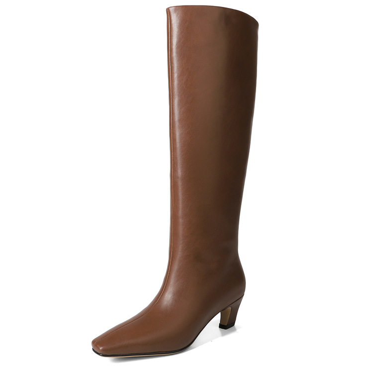 French Minimalist-style Square-toe Kitten-heel Over-the-knee Straight-leg Leather Booties photo 5