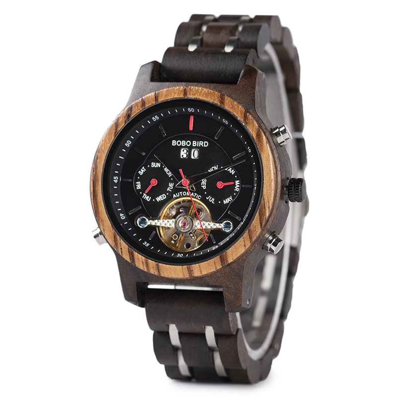 Business Flywheel Mechanical Multi-function Wooden Watch photo 3