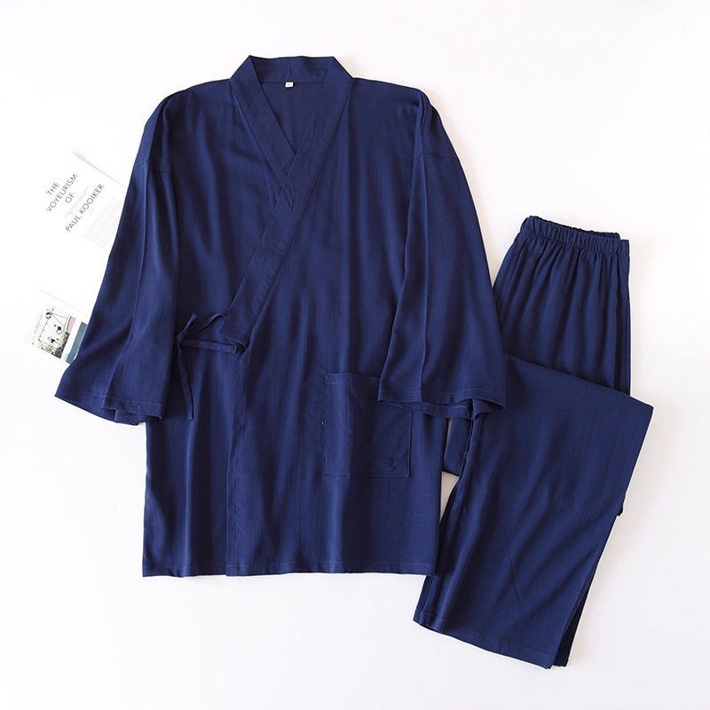 Japanese-style Solid-color Mens Kimono Pajamas, Cotton-linen Drawstring Homewear Set photo 3