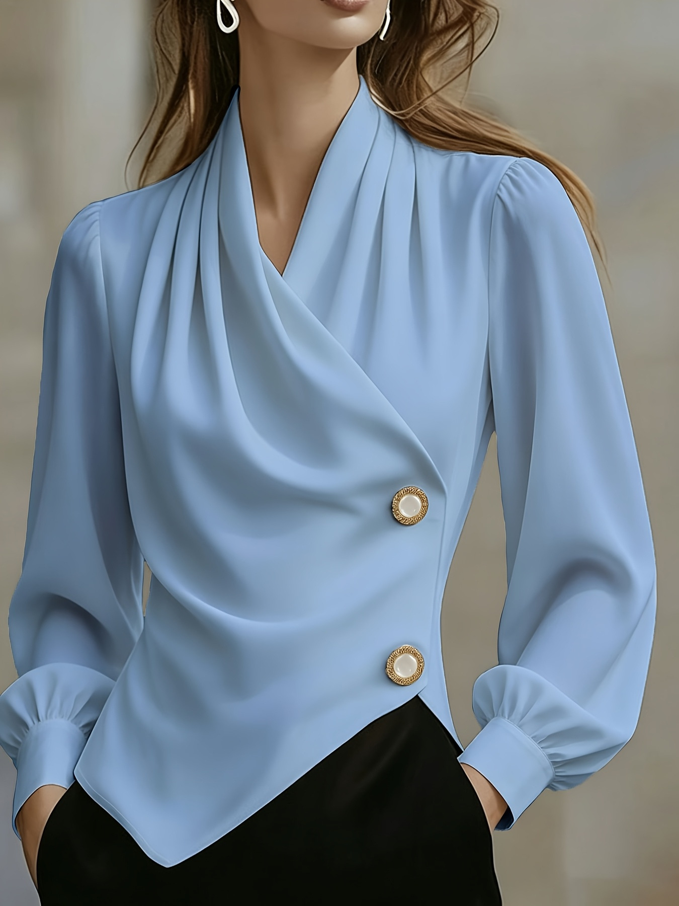 Crossover-collar Waist-cinching Asymmetrical Pearl-buttoned Slimming Versatile Long-sleeve Blouse photo 5