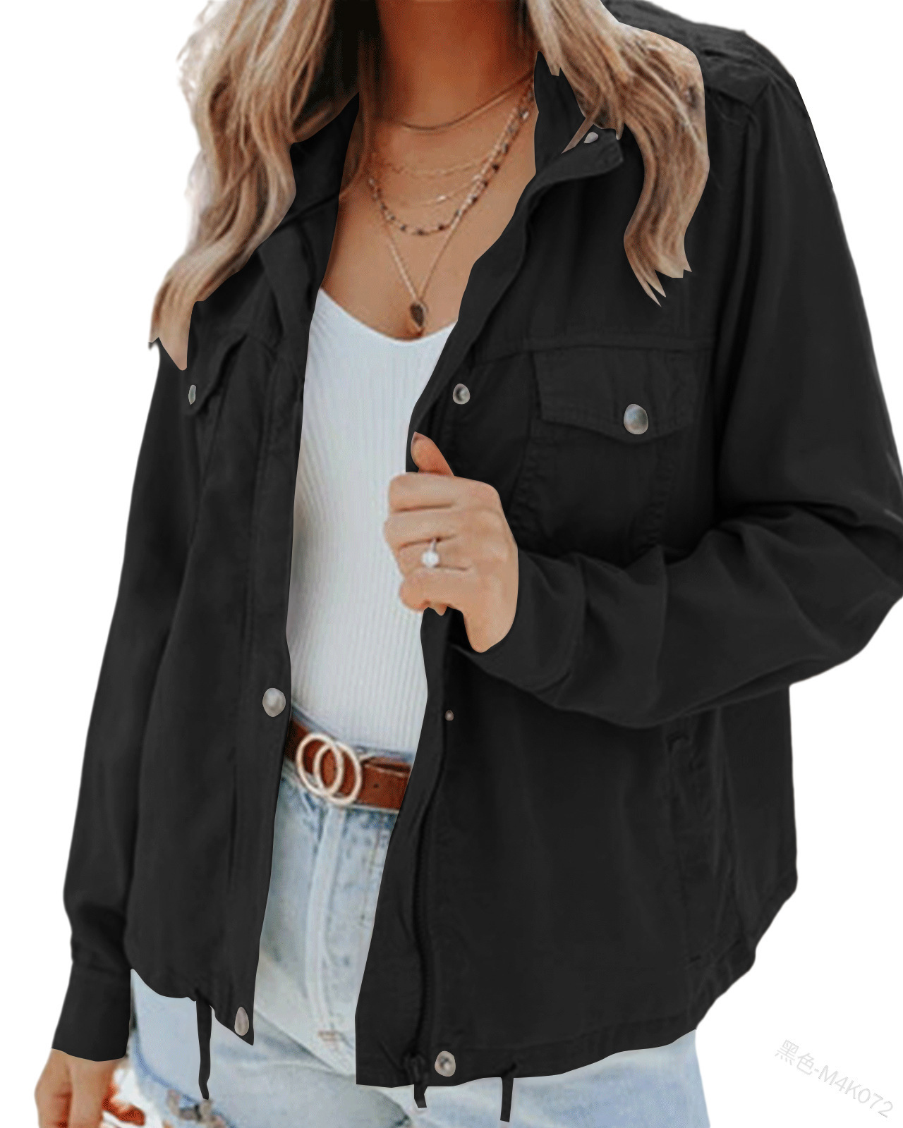 Dark-button Long-sleeved Pocket Drawstring Jacket photo 4