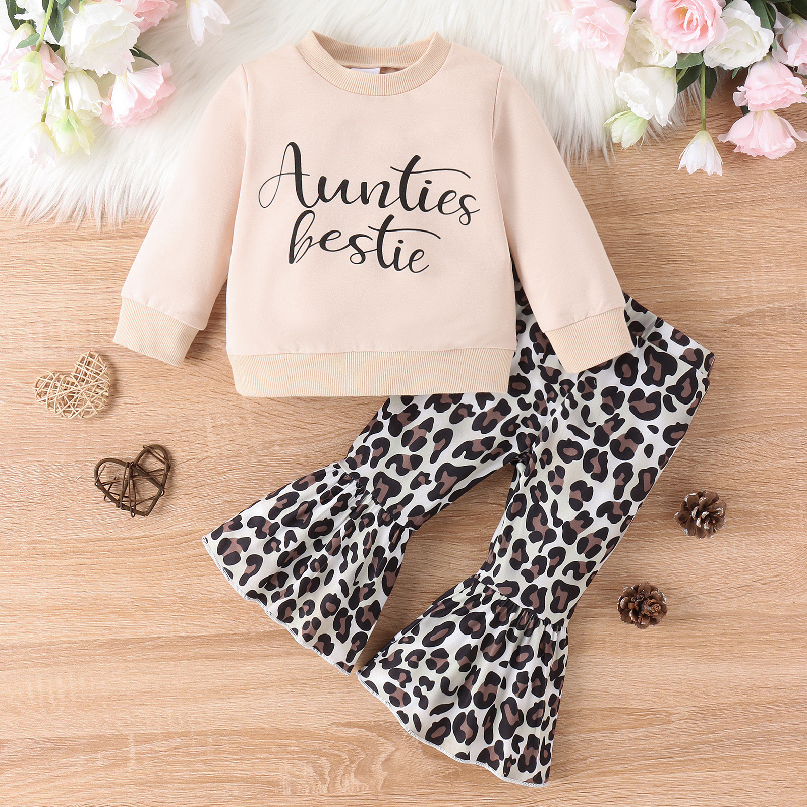 Parent-child Clothes Suit Clothes Girls' Sweater Top Leopard Print Bell-bottom Pants photo 3