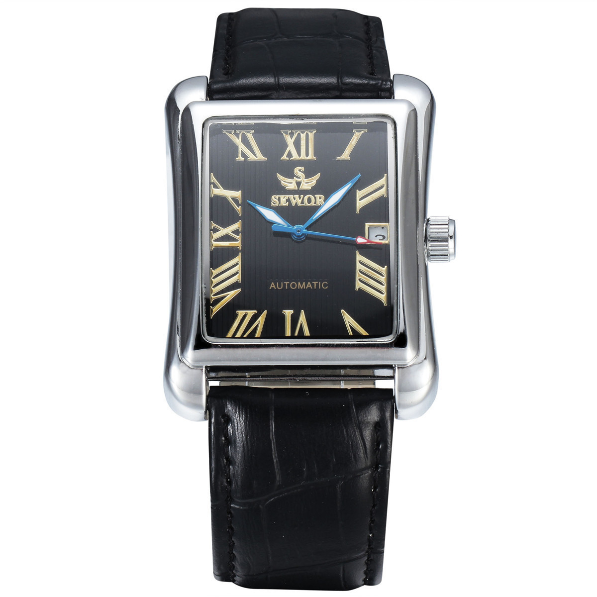 Mens Automatic Mechanical Square-case Leather-strapped Mens Watch Calendar Wristwatch photo 6
