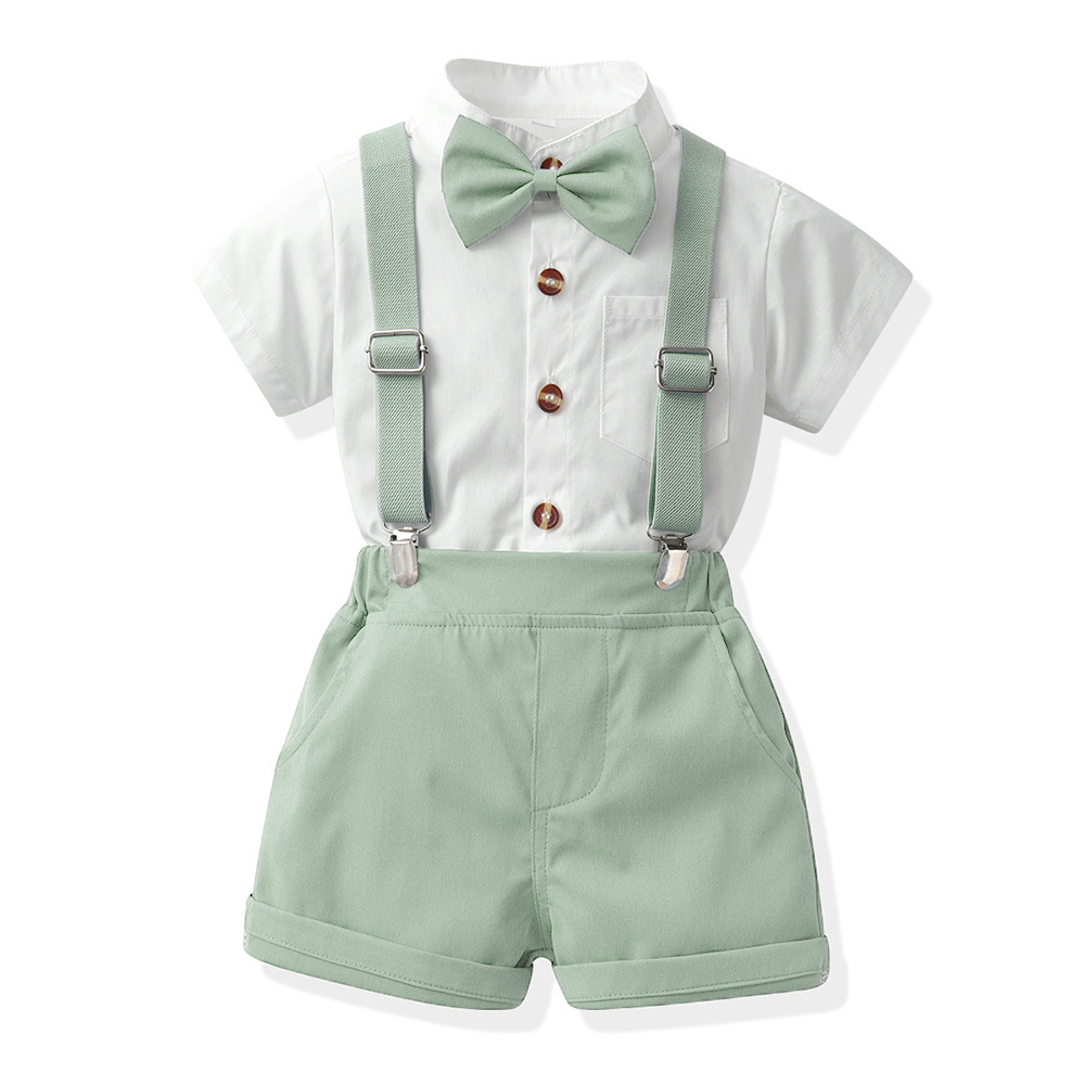 Boys Candy-Colored Stand-Neck Short-Sleeve Suspender Pants Set photo 3
