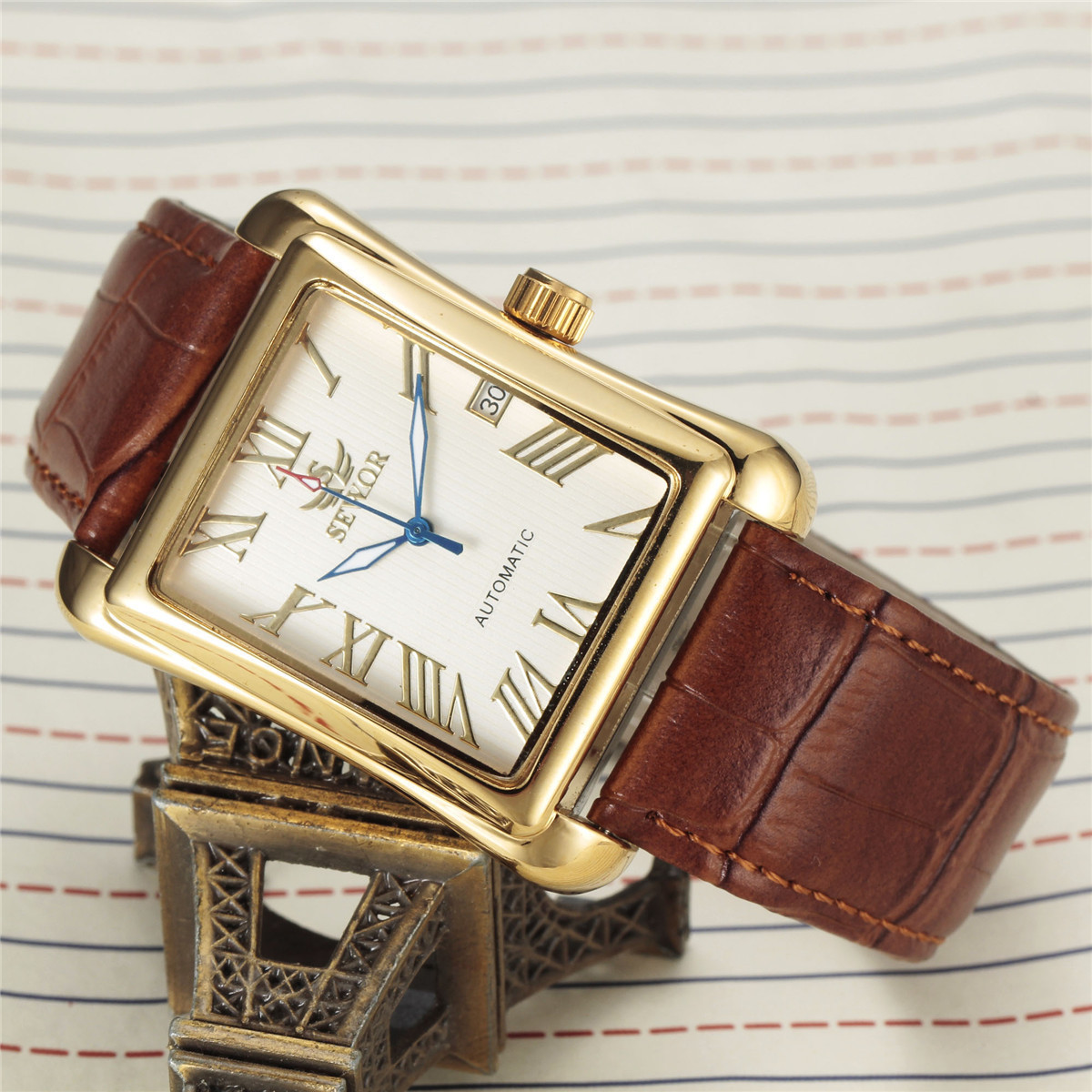 Mens Automatic Mechanical Square-case Leather-strapped Mens Watch Calendar Wristwatch photo 2