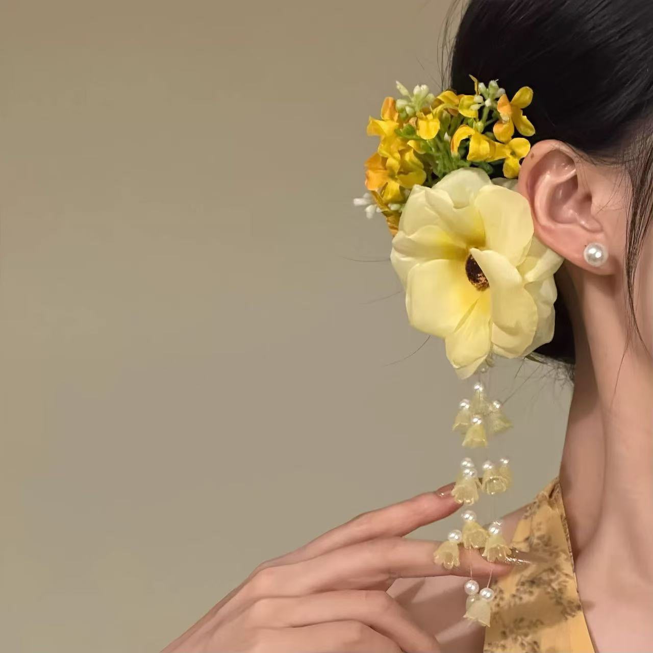 Super Fairy Pure Desire Yellow Atmosphere Pearl Linglan Tassel Side Clip Hair Accessories photo 1