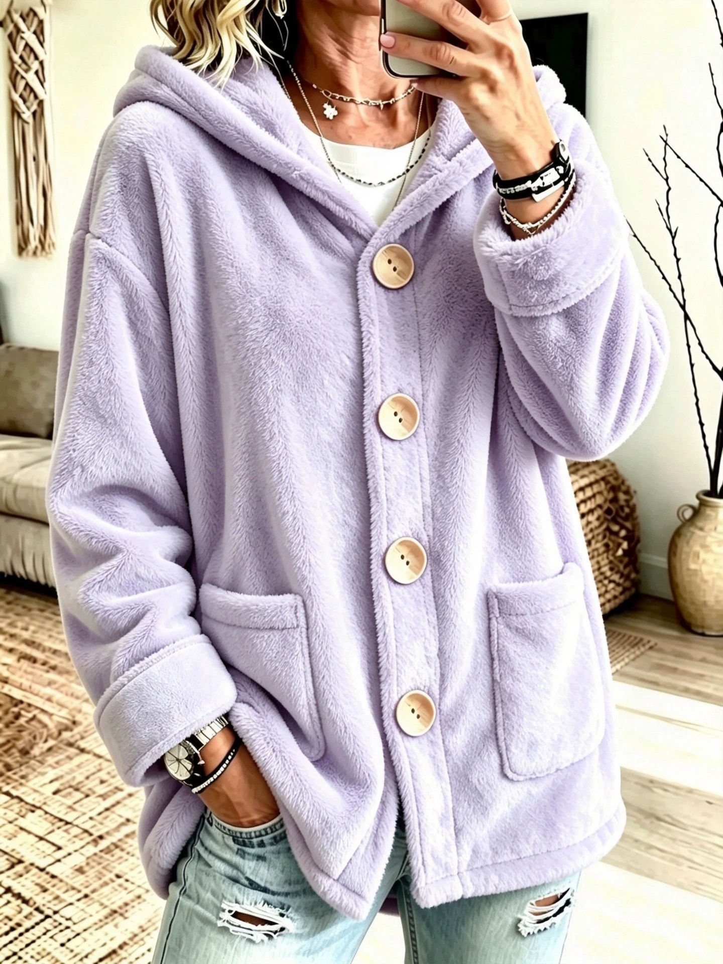 Hooded Velvet Outerwear Loose-fitting Cardigan Top photo 4