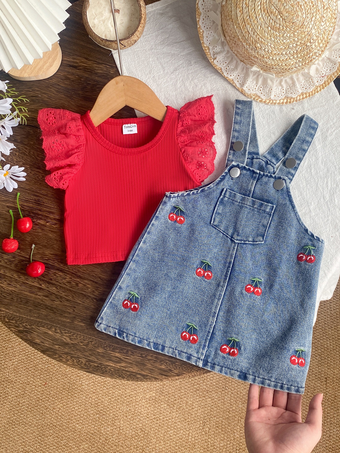 Baby Girl T-Shirt Denim Embroidered Suspender Dress Set photo 2