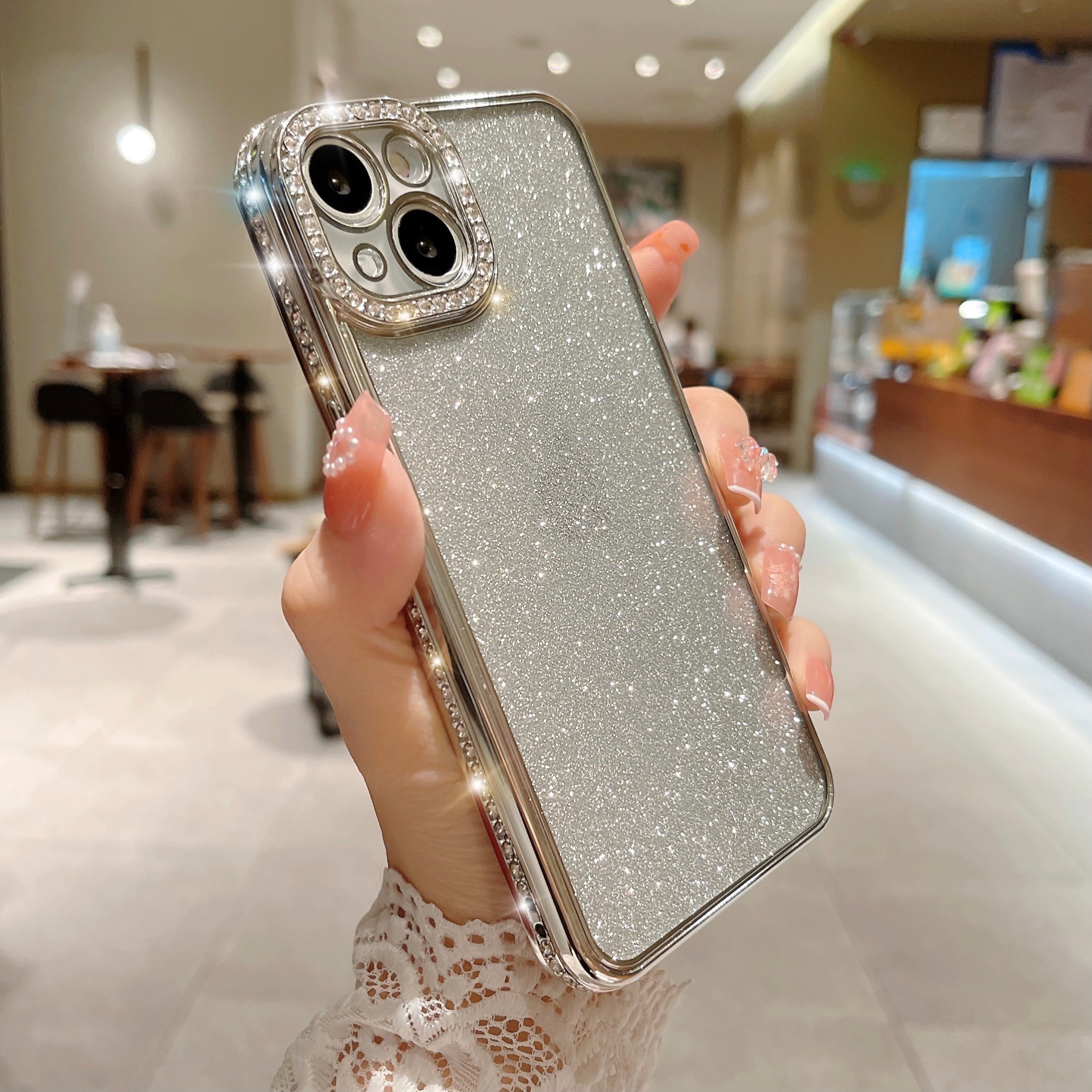 Glitter Rhinestone Electroplated Straight Edge Transparent Drop-resistant Protective Shell photo 3