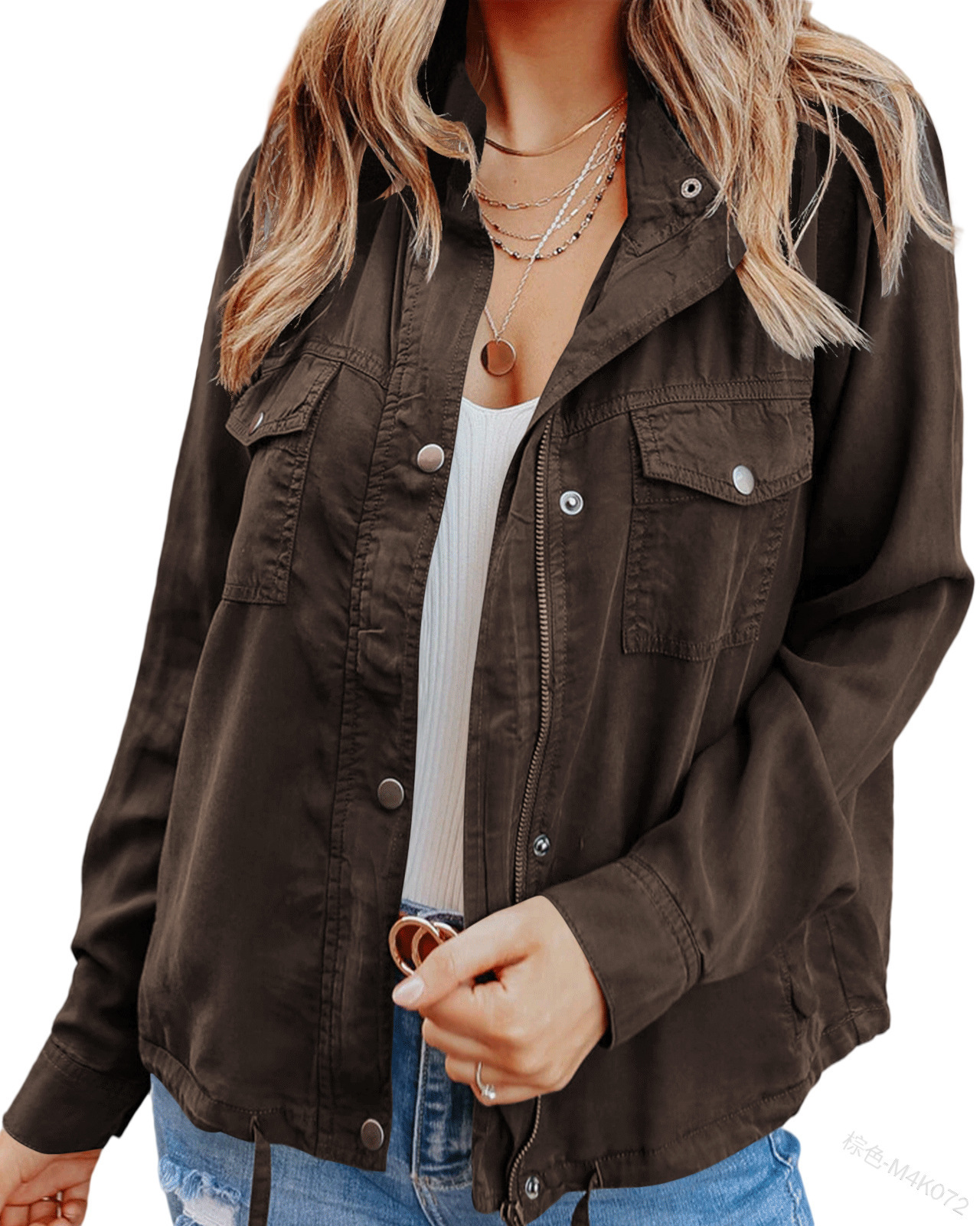 Dark-button Long-sleeved Pocket Drawstring Jacket photo 2