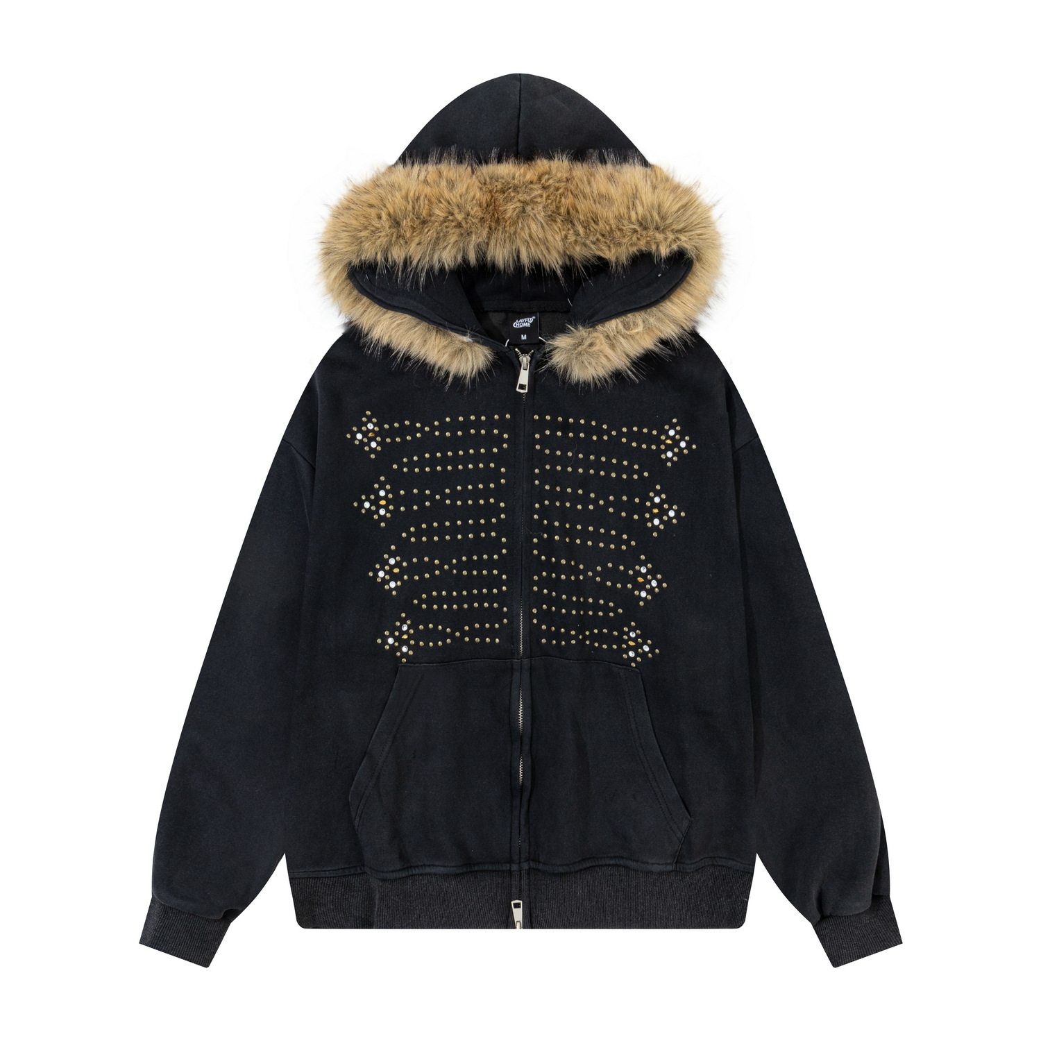 Detachable Fur Collar Rhinestone Detailing Washed Finish Zip-up Hoodie photo 2