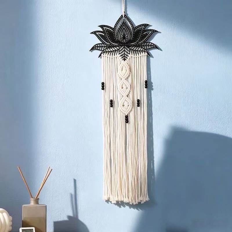 Bohemian Lotus Woven Iron Tapestry with Tassels - Handmade Cotton Rope Wall Hanging for Living Room and Guesthouse Decor photo 7