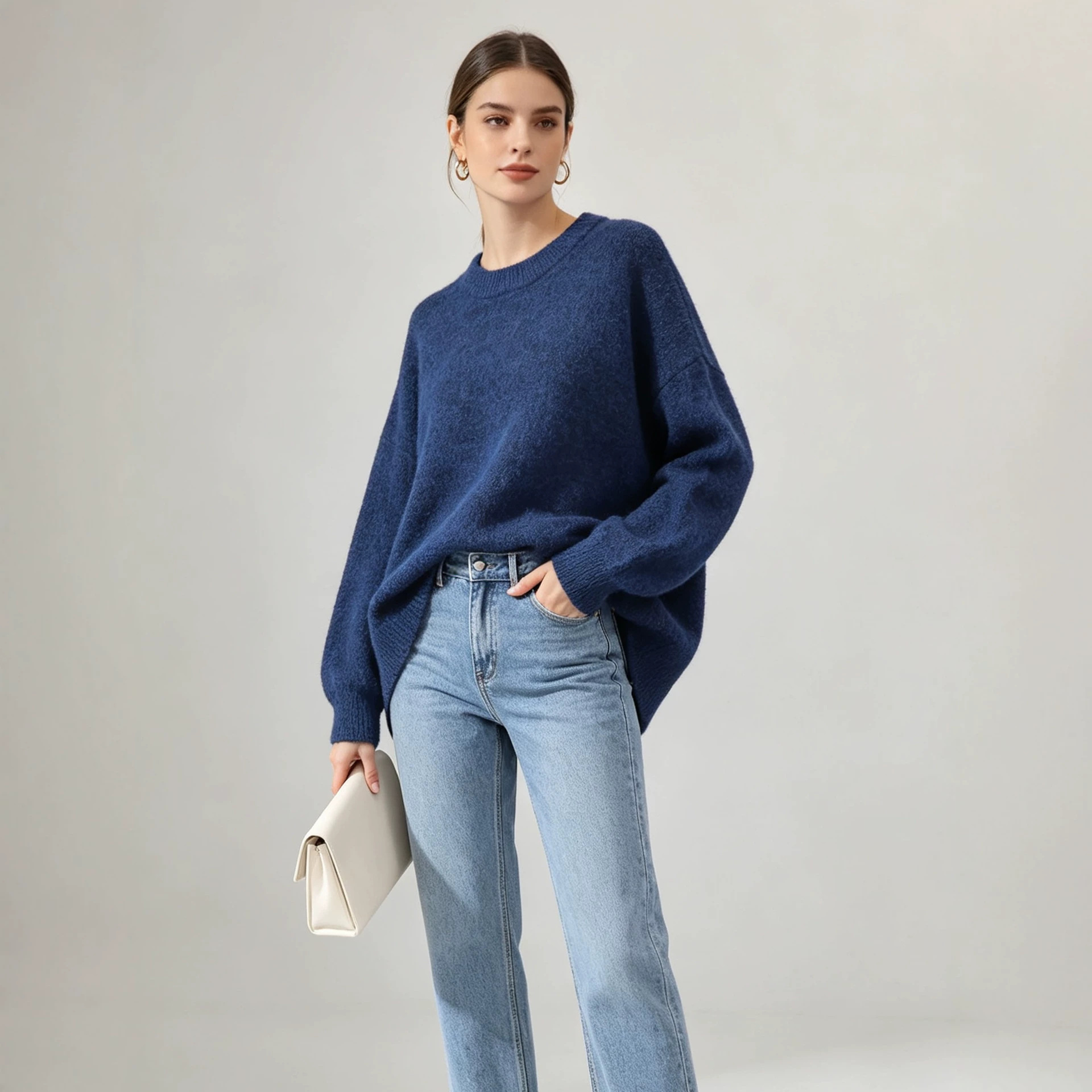Solid-color Crew-neck Korean-style Loose-fit Cozy Knit Sweater photo 1