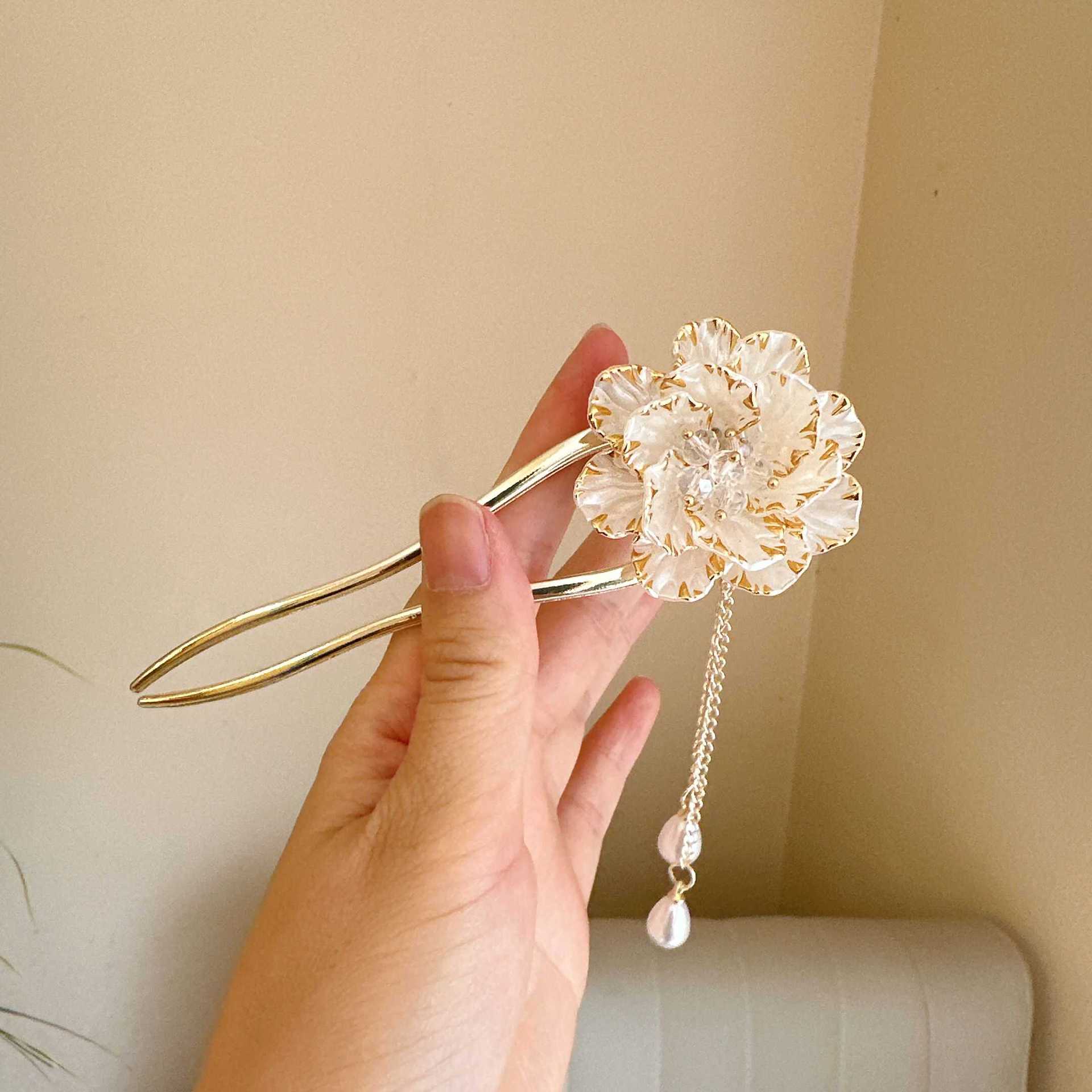 Female Retro Exquisite Peony Flower Tassel U-shaped Hairpin photo 3