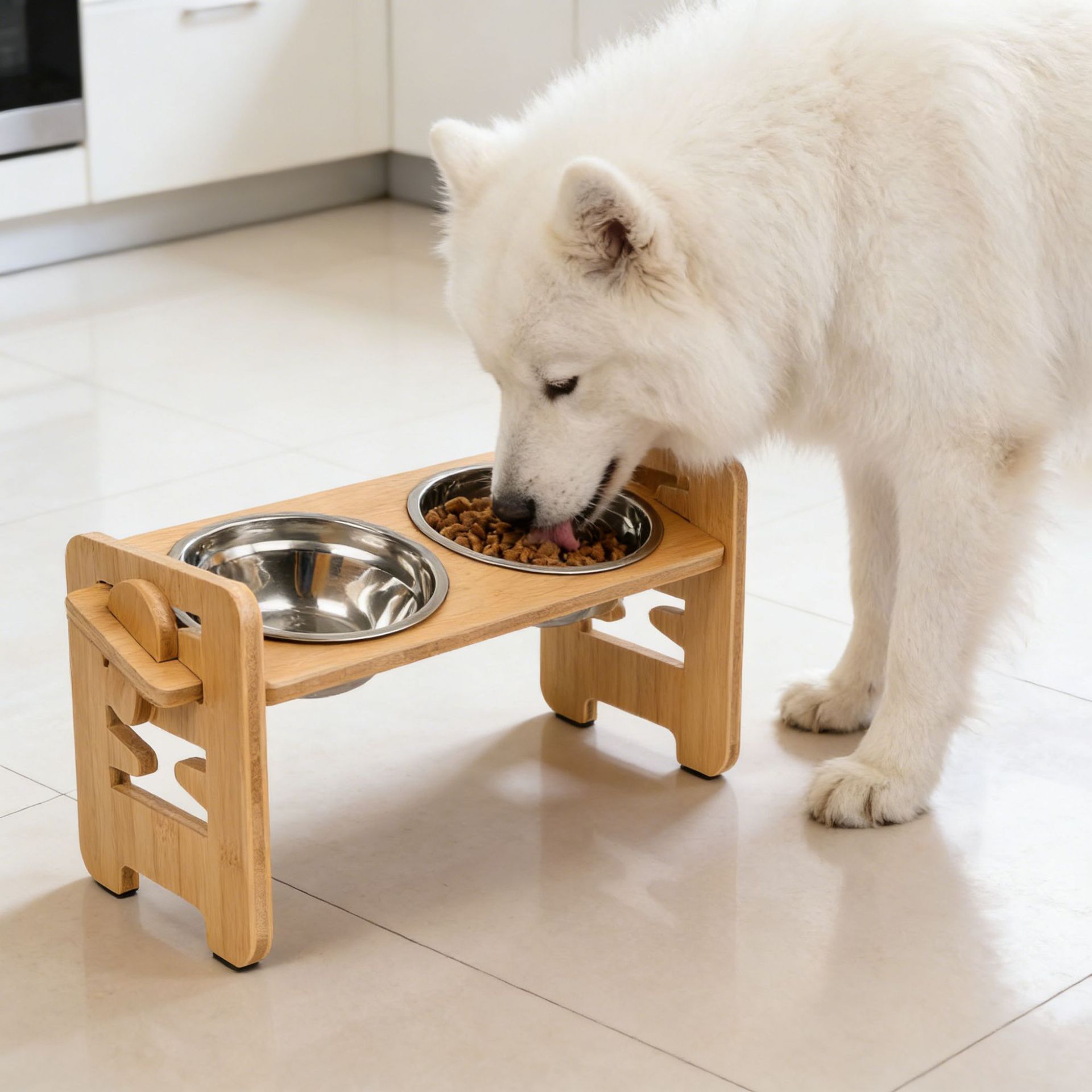 New Bamboo Wood Dogs And Cats Bowl Rack Pet Double Bowl photo 1