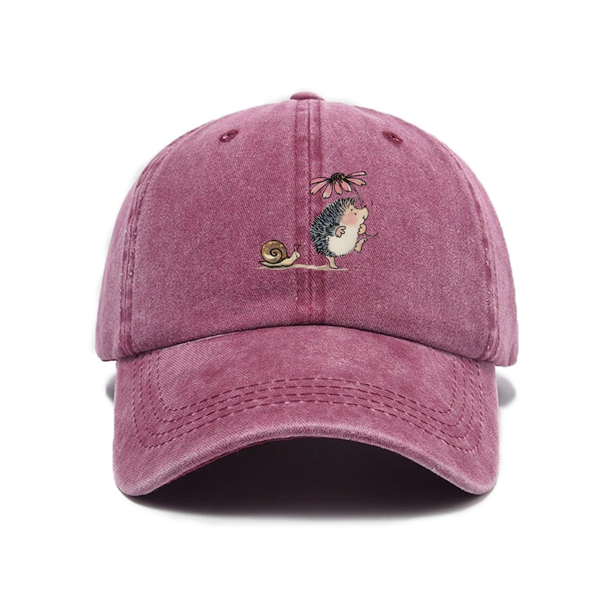 Simple Cartoon Hedgehog And Snail Print Washed Out Vintage Baseball Cap photo 5