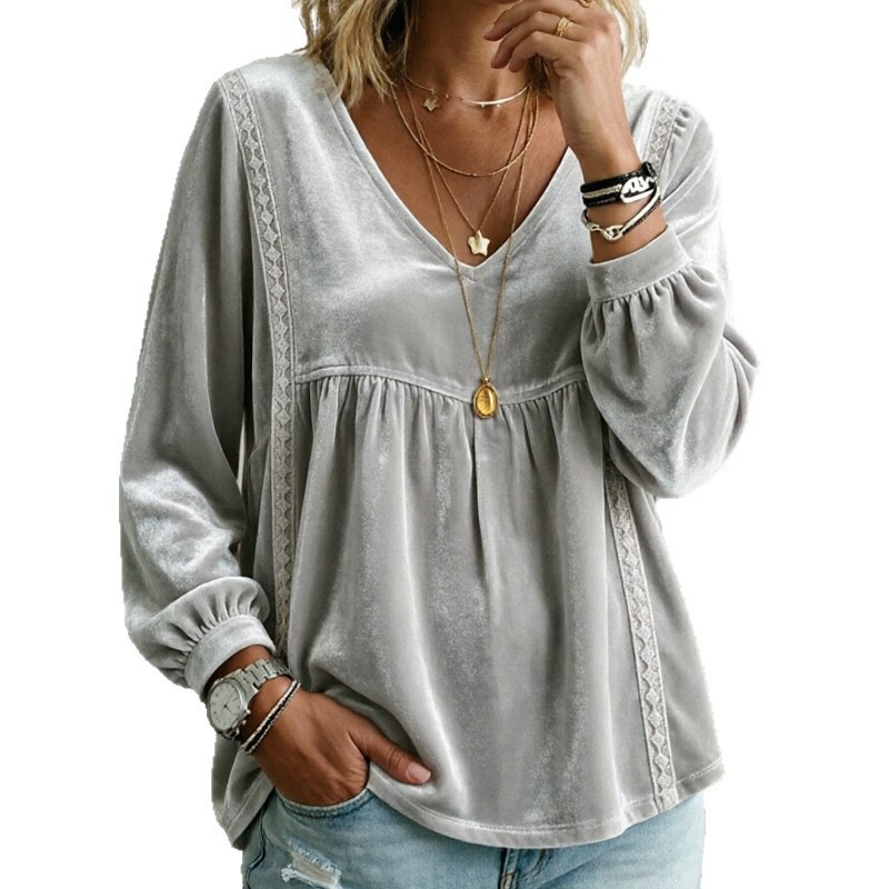 V-neck Lace Velvet Casual Loose-fitting Long-sleeve Top photo 7