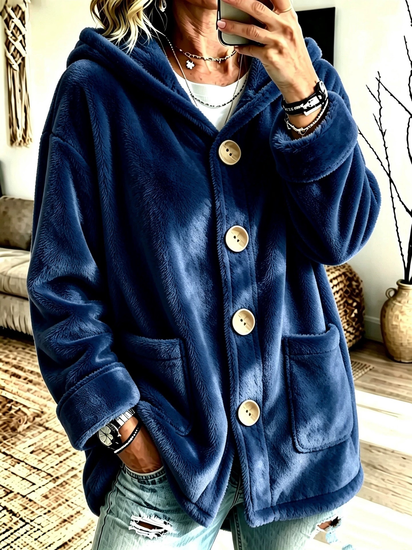 Hooded Velvet Outerwear Loose-fitting Cardigan Top photo 3