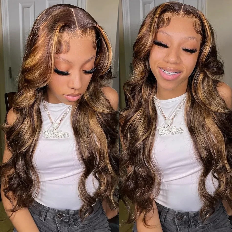 24inch Brown Highlight Body Wave Wear Go Wig 7x5 Lace Closure 180% Color Draw String Glueless Wig photo 7