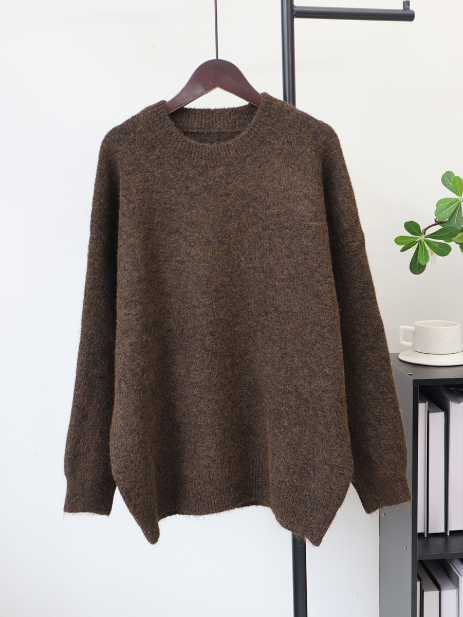 Solid-color Crew-neck Korean-style Loose-fit Cozy Knit Sweater photo 3