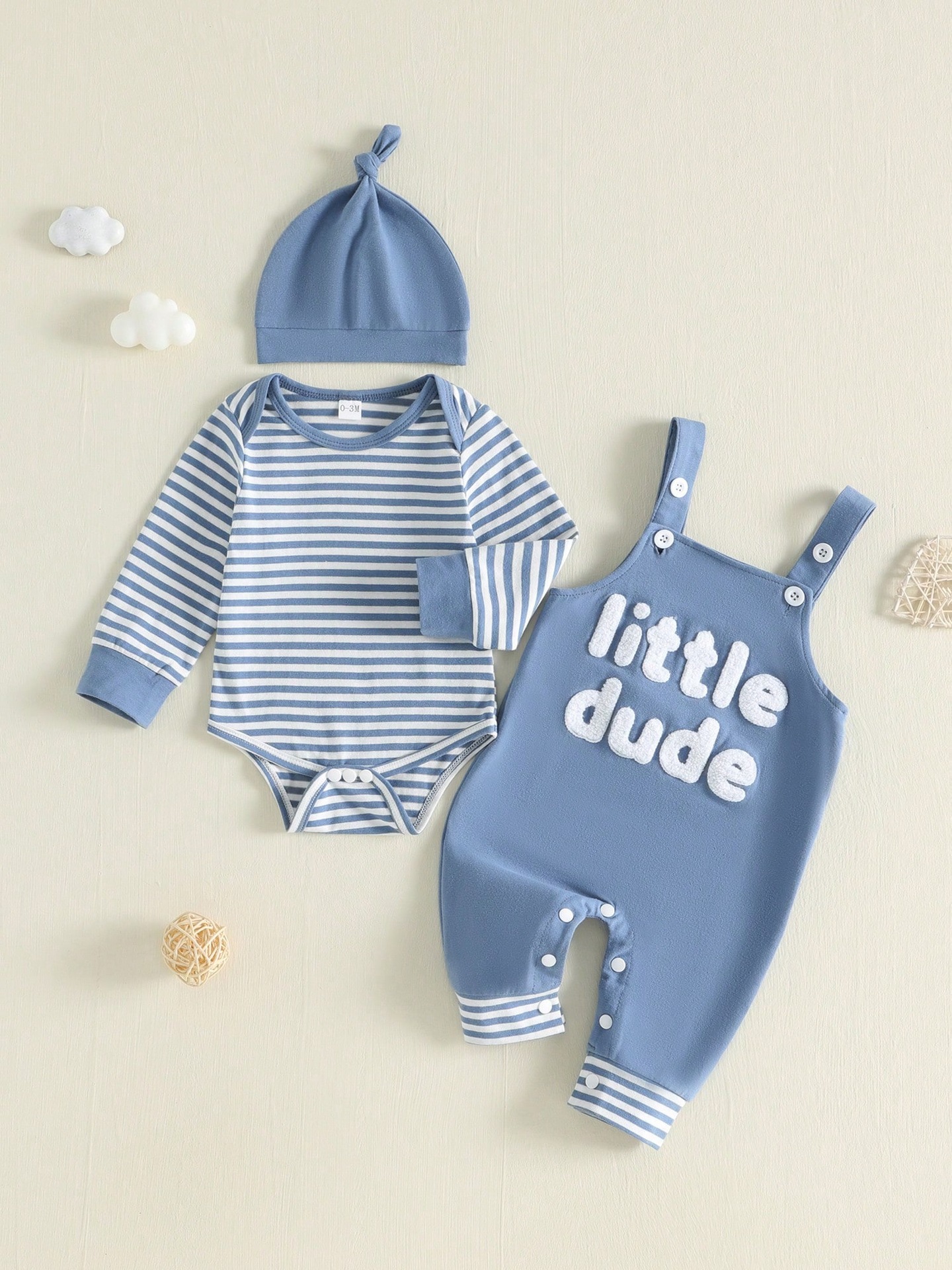 Baby And Toddler Striped Long-sleeve Romper Suspender Pants And Hat Set photo 2