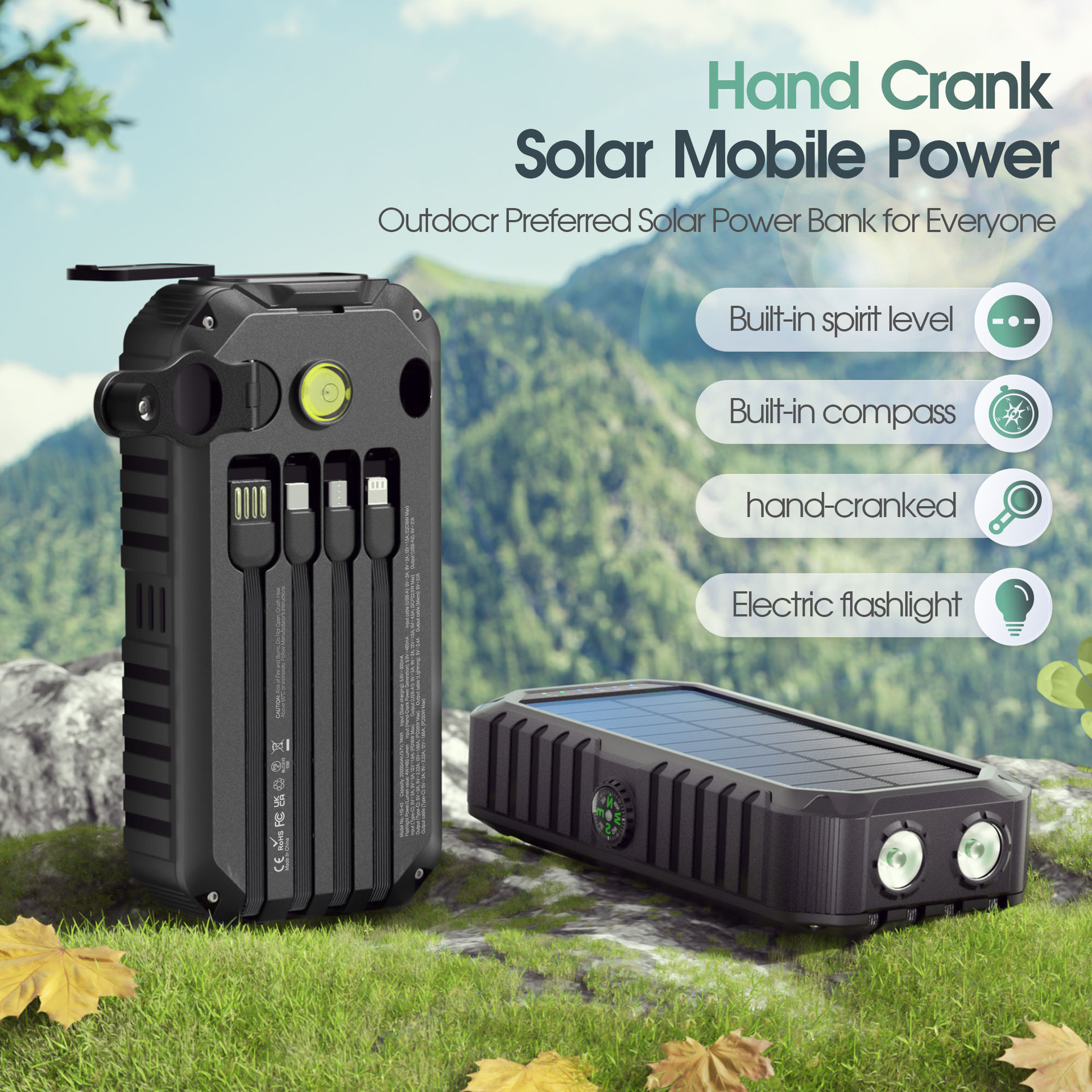 Hand-cranked Solar-powered Mobile Power Bank With Built-in Cable And Fast Charging photo 3