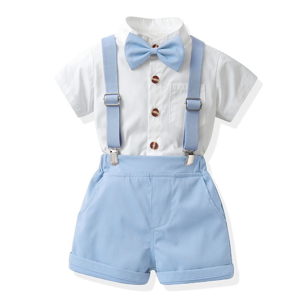 Boys Candy-Colored Stand-Neck Short-Sleeve Suspender Pants Set photo 5
