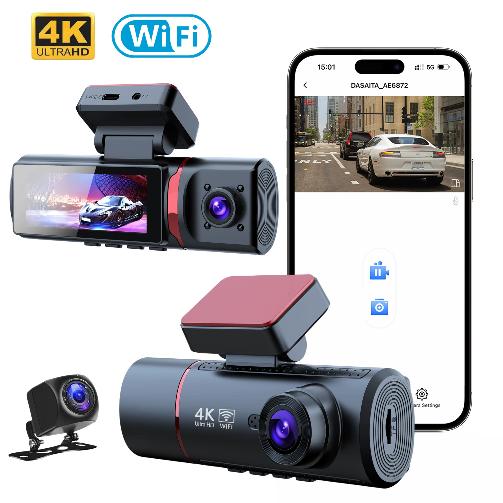 Driving Recorder 4K HD Front And Rear Three Recording WIFI Mobile Phone Interconnection photo 3