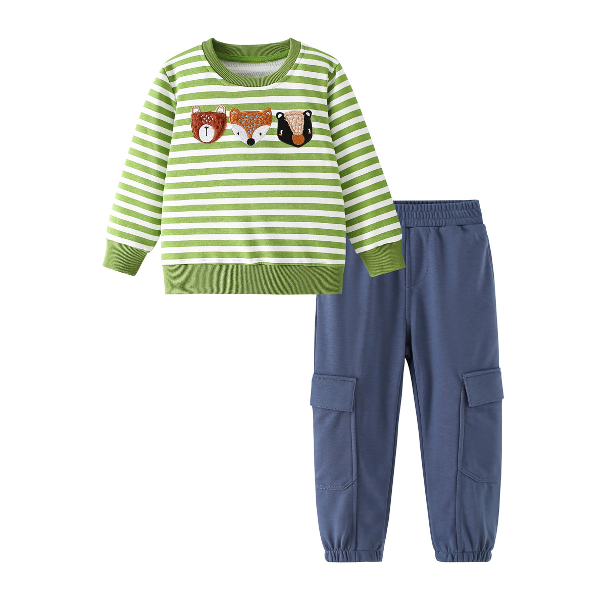 Childrens Striped Animal-Embroidered Sweatshirt Set photo 2