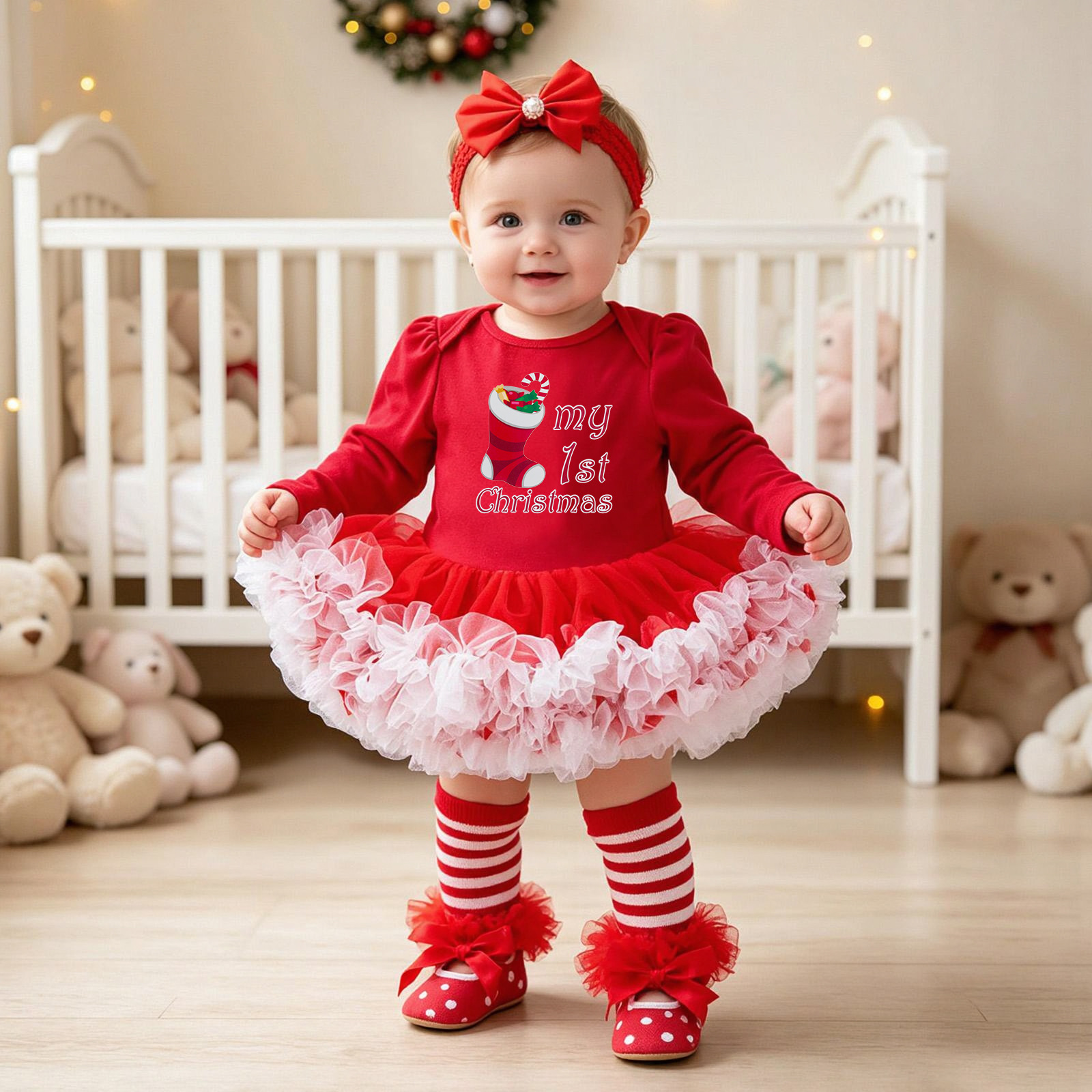 Baby Christmas Long-sleeve Cartoon Romper Dress Red Tulle One-piece Outfit Four-piece Set photo 5
