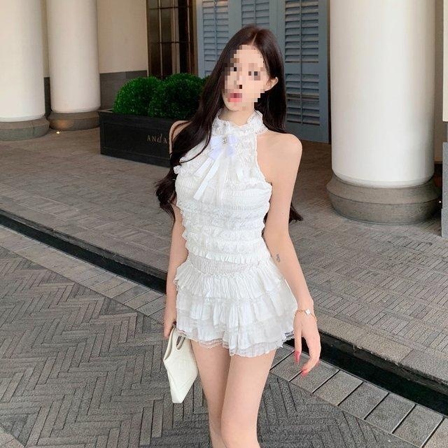 Bow-tie Off-shoulder Sleeveless Lace-panel Skirt Two-piece Set photo 6