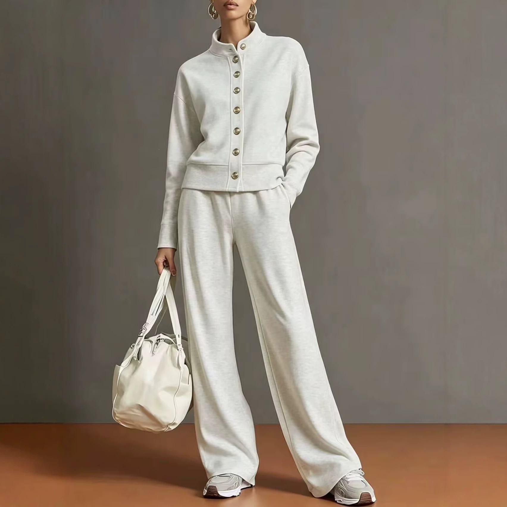 Stand-collar Cardigan And Wide-leg Pants Set photo 2