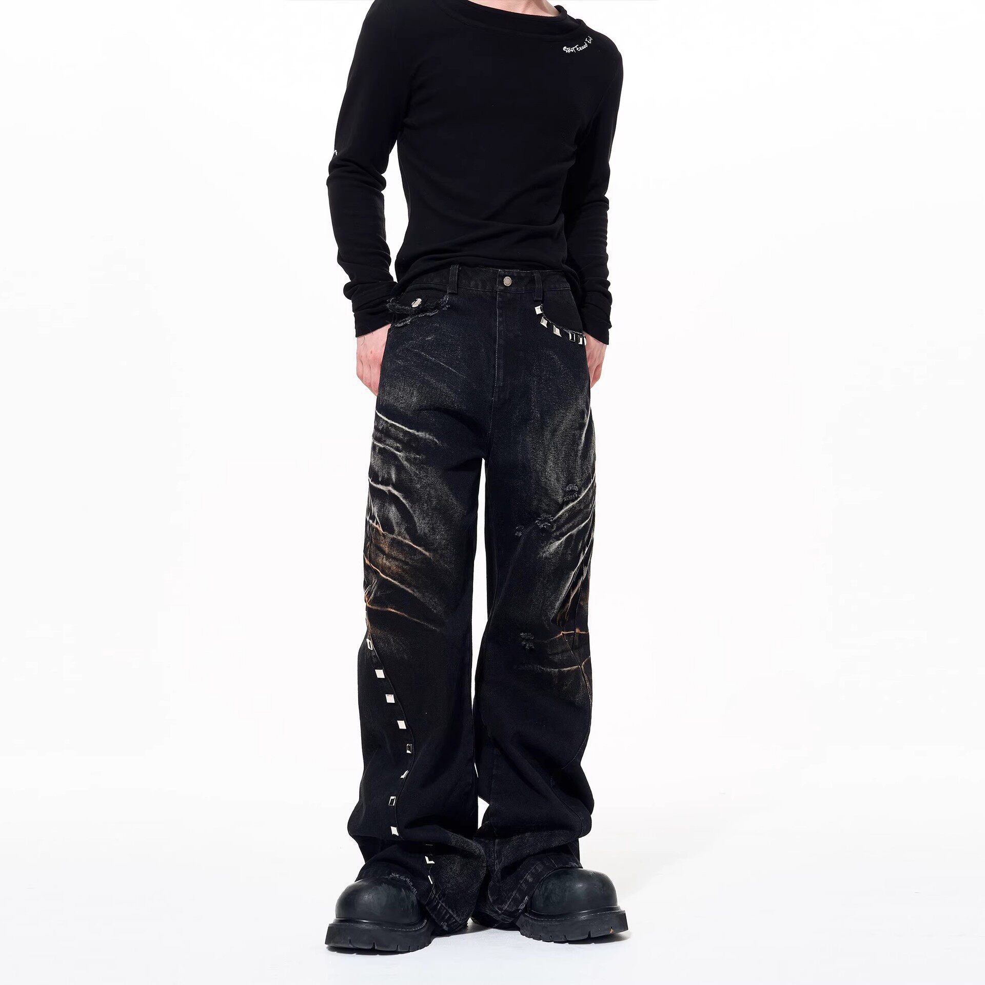 High-end Design Washed And Distressed Vintage-style Loose Wide-leg Pants photo 3
