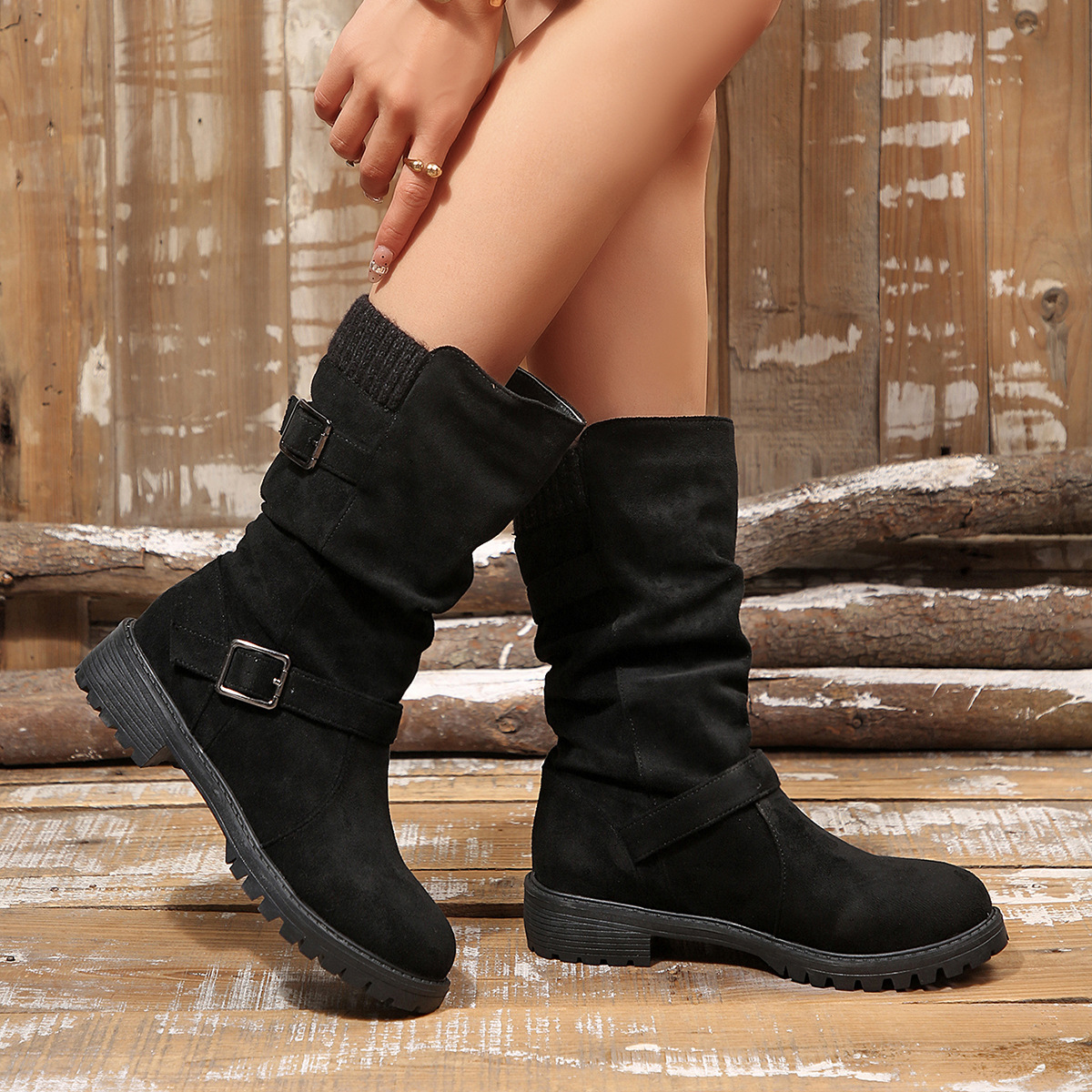 Cuffed Pleated Knit Ankle Boots With A Round Toe And Square Heel For Women photo 2
