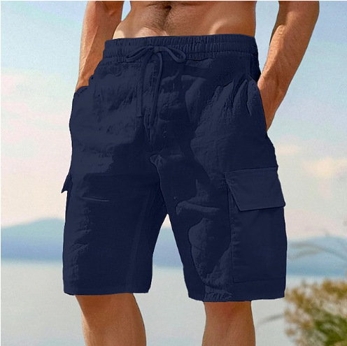 Beach Shorts With Elastic Waist Drawstring Multiple Pockets Solid Color photo 4