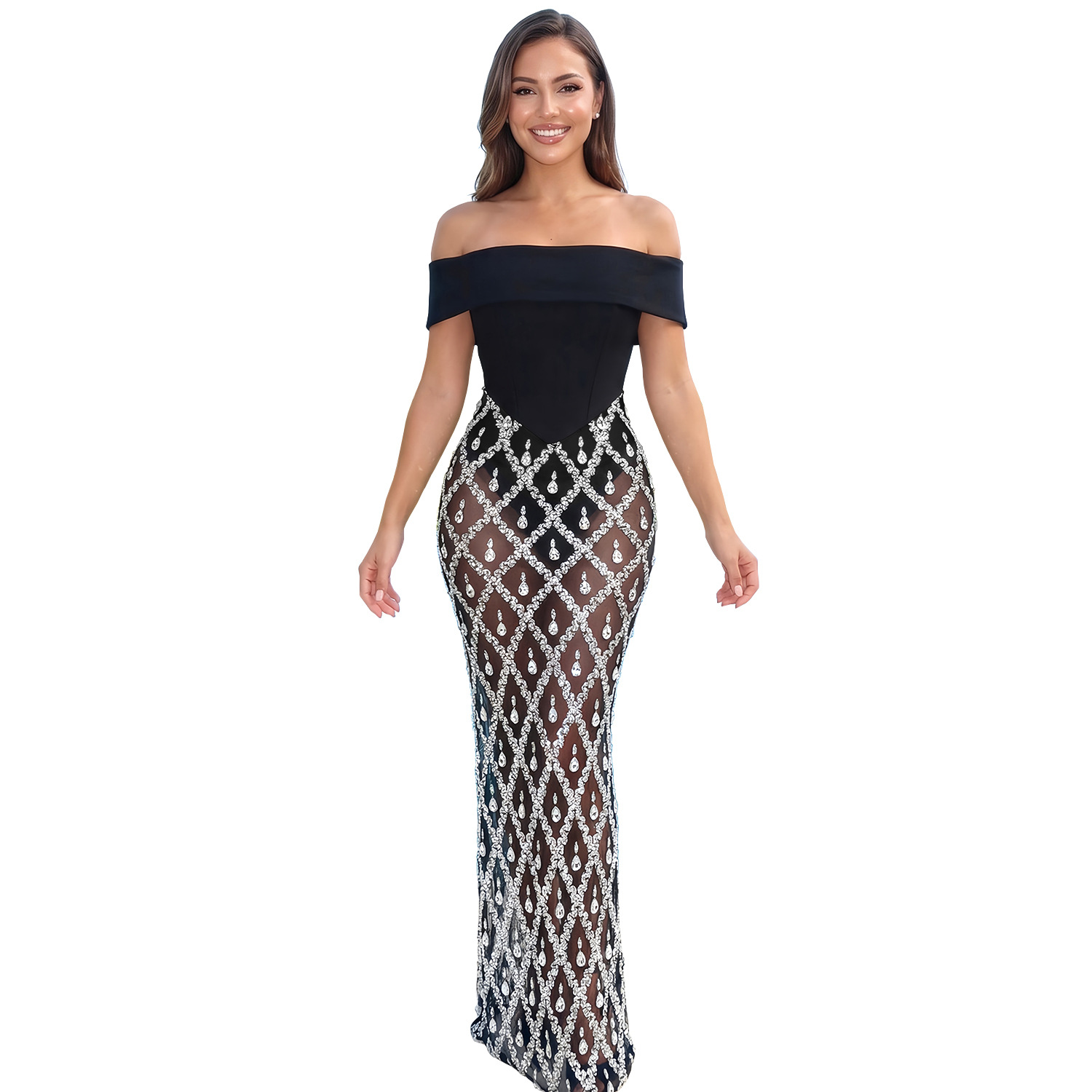 Womens Off-shoulder Strapless Sequined Party Dress photo 2