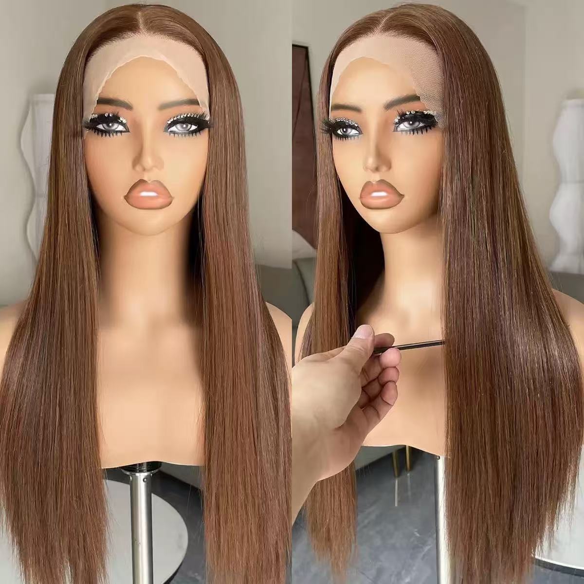 Front Lace Light Golden Long Straight Hair Full Lace Wig Cap photo 4