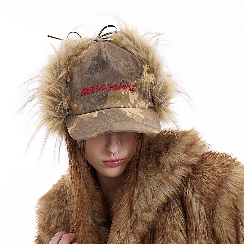 Camouflage Retro Embroidered Earflap Fur Baseball Cap photo 7